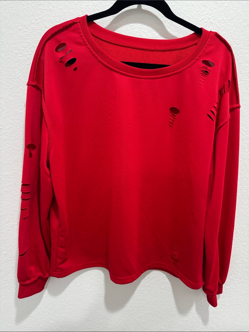 SHEIN Red Distressed Long Sleeve Sweatshirt